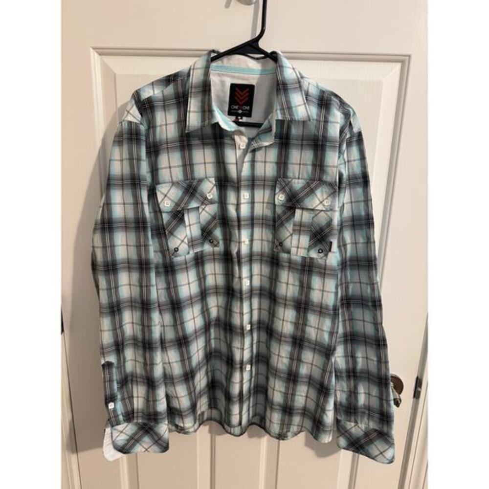 One 90 One Mens Western Casual Button Down Long Sleeve Shirt Blue White Gray L